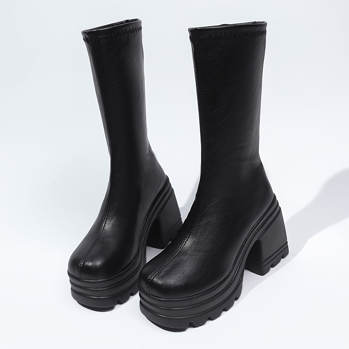 Women's Faux Leather Mid-Calf Boots with Chunky Heel and Casual Style