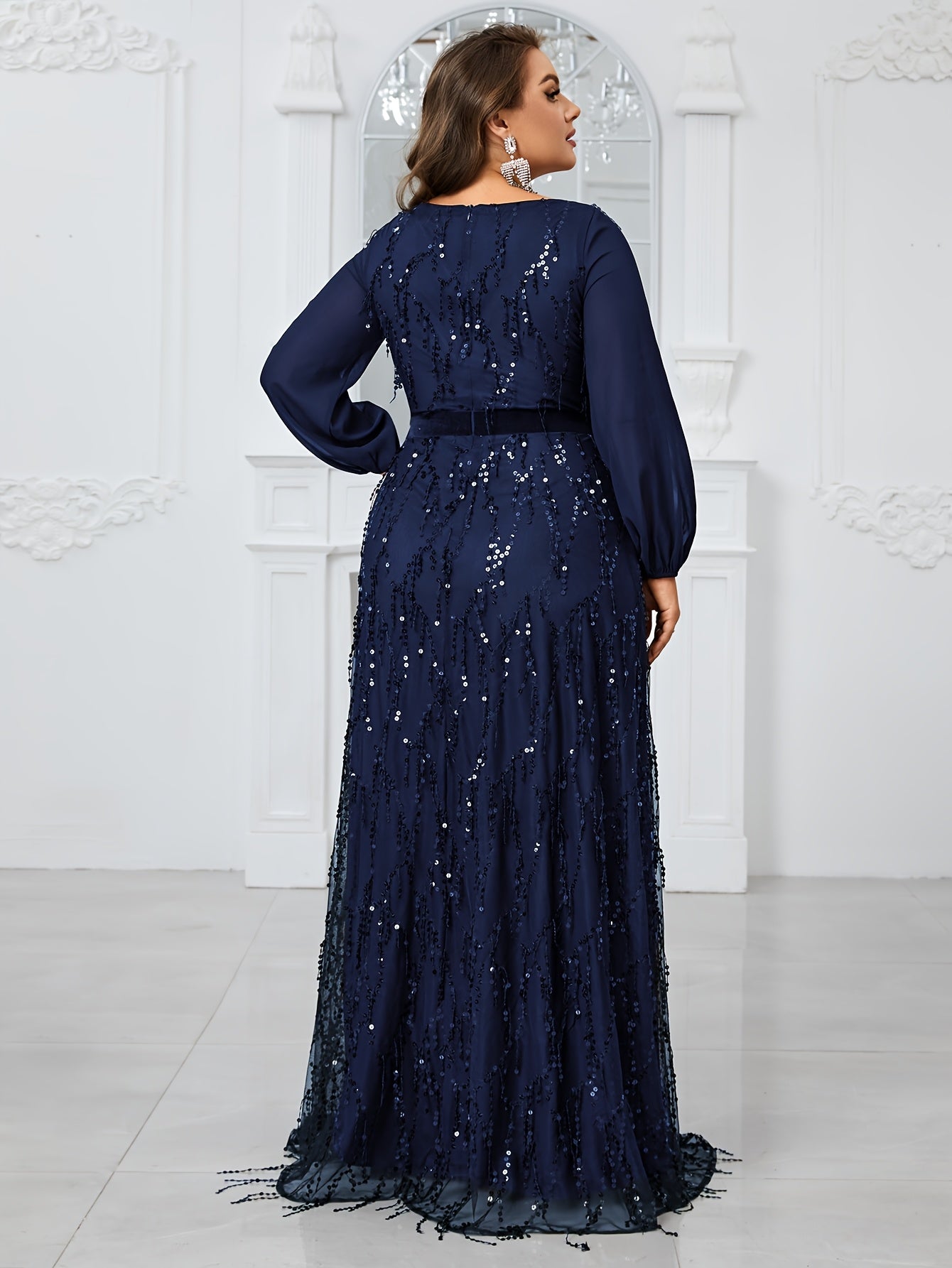 Plus Size Black Sequin Lantern Sleeve Evening Gown Formal Dress for Prom Weddings