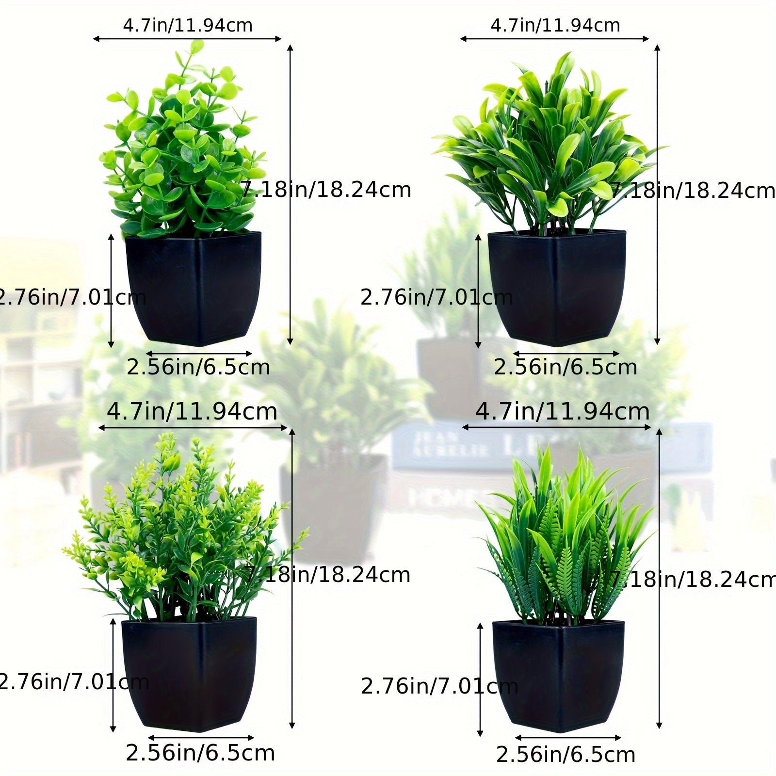 Set of 4 Small Faux Eucalyptus Plants in Black Pots for Indoor Decoration