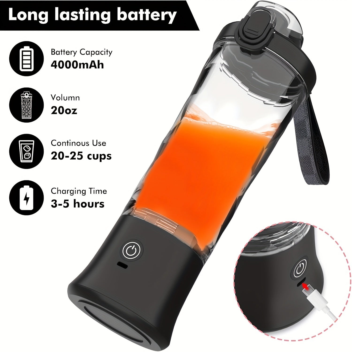 20oz Portable Blender with 6-Blade System USB Rechargeable for Shakes and Smoothies