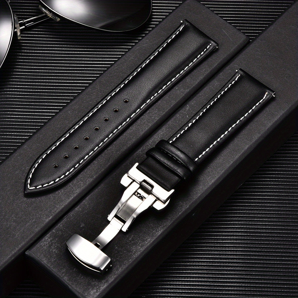 Double Press Solid Butterfly Buckle PU Leather Watch Strap 18mm 20mm 22mm 24mm