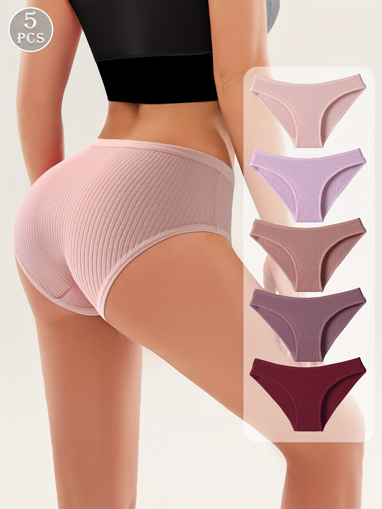 Women's Purple Ribbed Triangle Panties 5-Pack Cotton Comfortable Lingerie