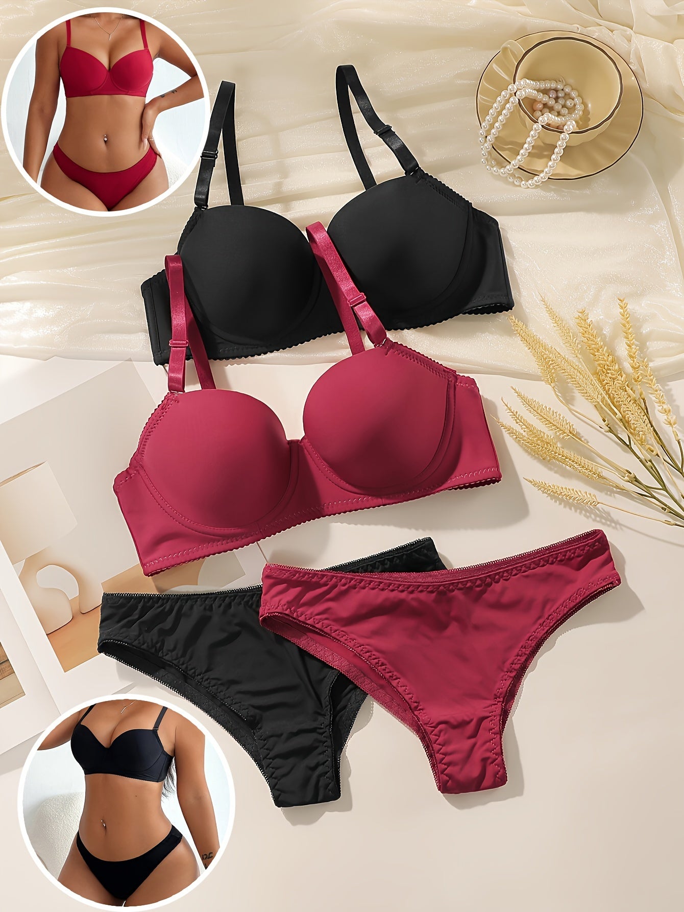 Ayollar uchun belsiz ko'taruvchi ichki kiyim to'plami - 2 dona, Temir simli qo'llab-quvvatlash, Sirpanmaydigan, Qo'l bilan yuvish mumkin, Naylon va elastan aralashmasi