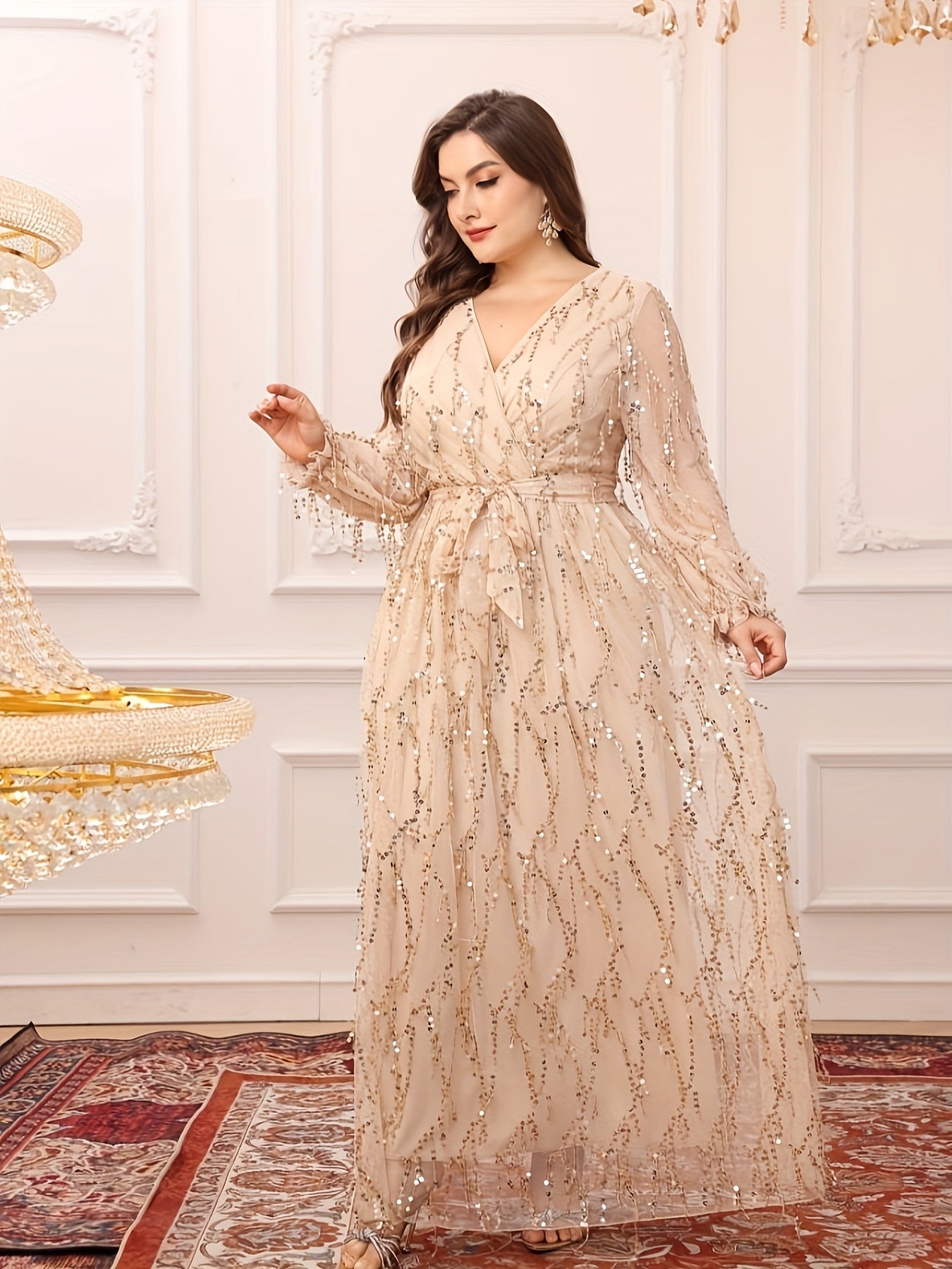 Plus Size Women's Black V-Neck Sequin Fringe Formal Gown for Prom Bridesmaids