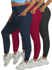 Women's High-Waisted Stretchy Leggings Set with Moon Pocket Navy Red Black
