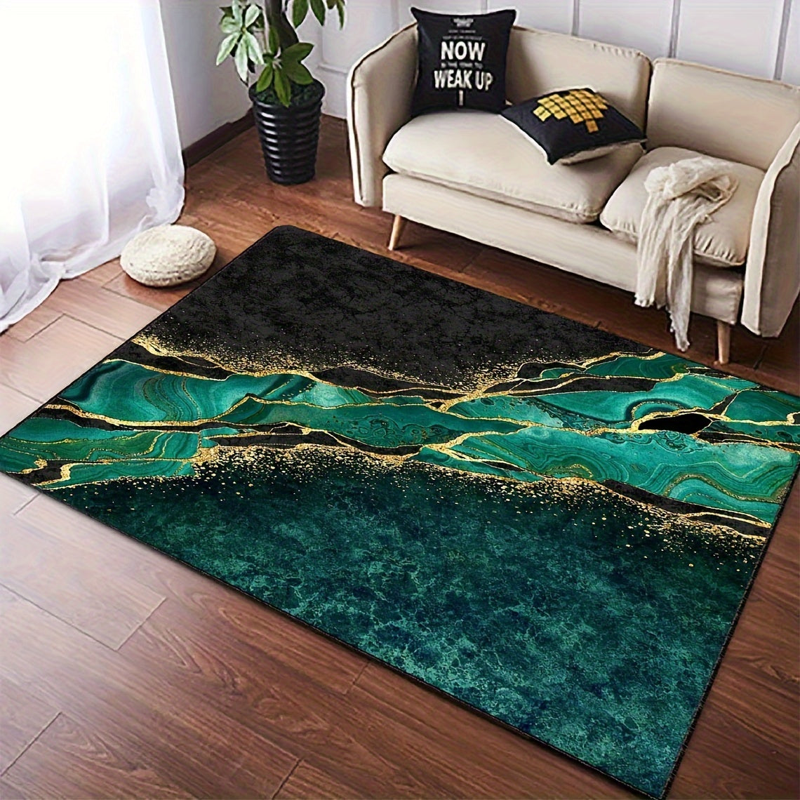 Green Abstract Area Rug Non-Slip Stain Resistant Machine Washable Polyester Floor Mat for Living Room Kitchen