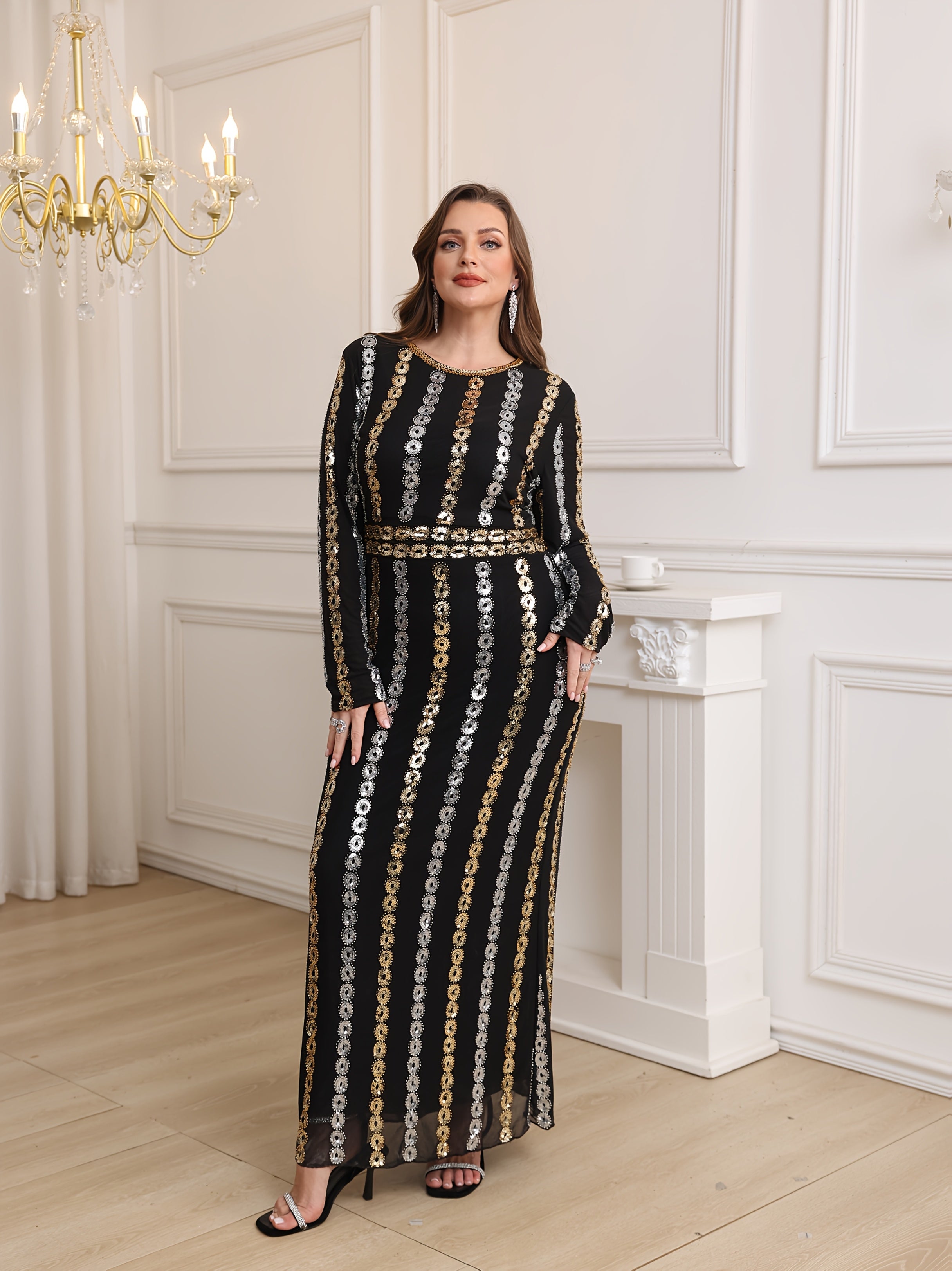 Women's Long Sleeve Sequin Evening Gown for Parties with Round Neckline