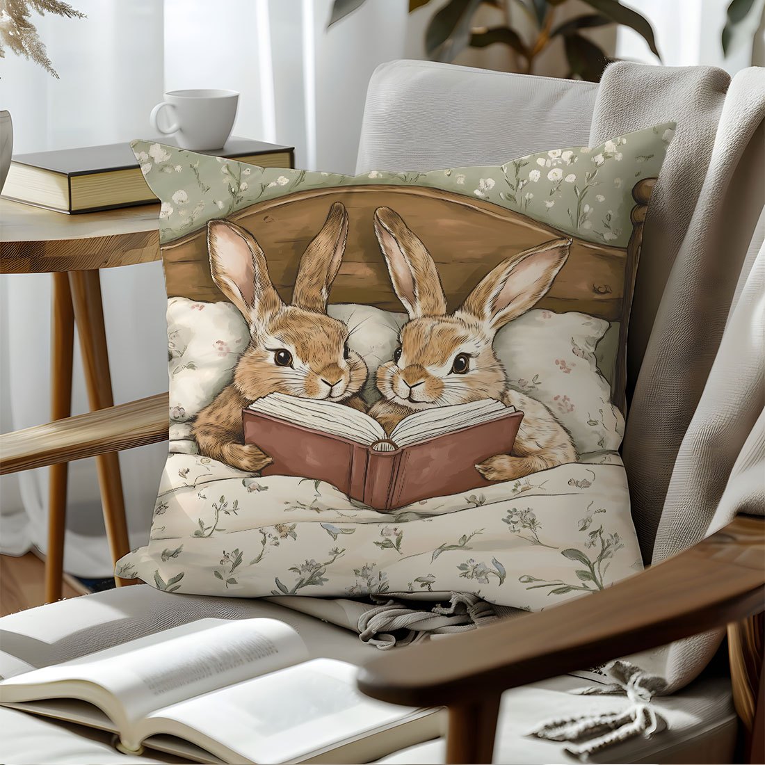 Easter Cartoon Rabbit Storybook Sofa Throw Pillow Cover 45x45cm Peach Skin Fabric