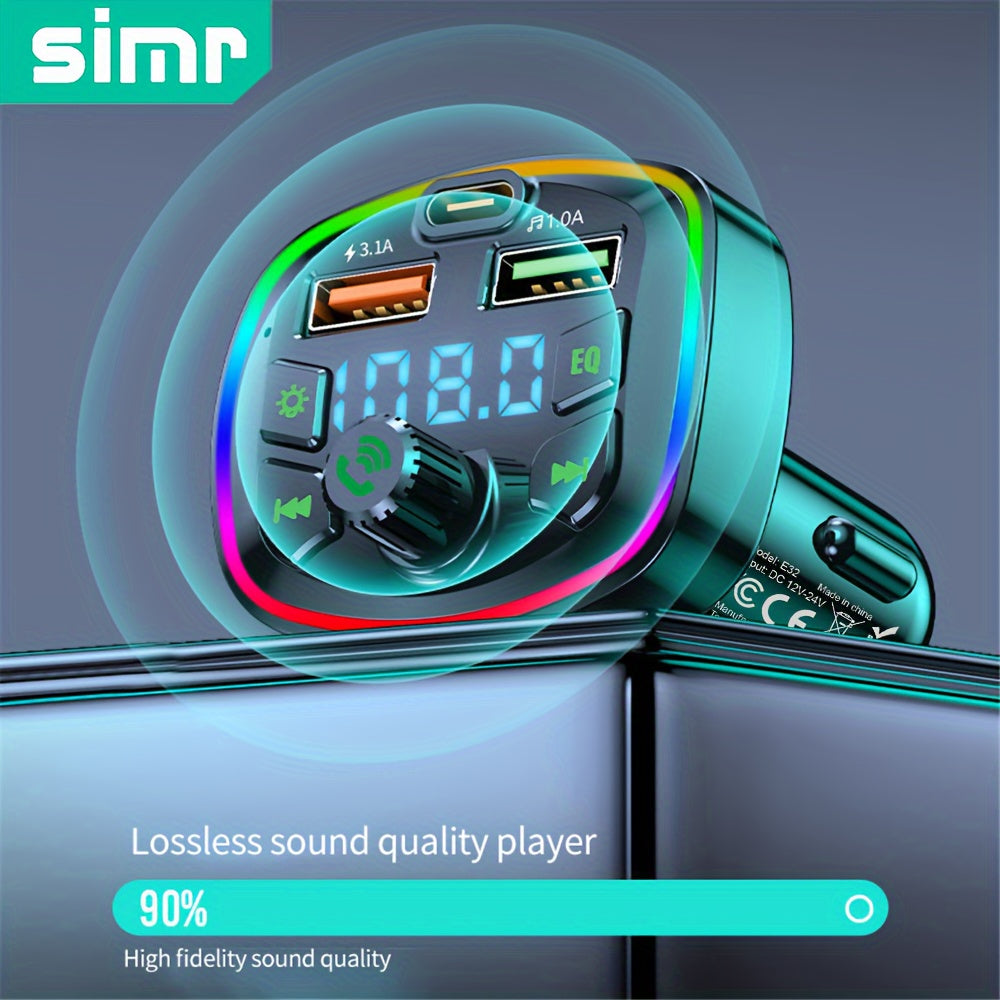 Wireless Car MP3 FM Transmitter Dual USB Type C Charger Ambient Light 12V