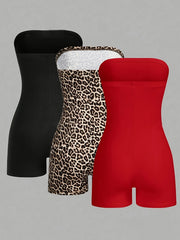 Conjunto de body sin mangas de color sólido y estampado de leopardo para mujer