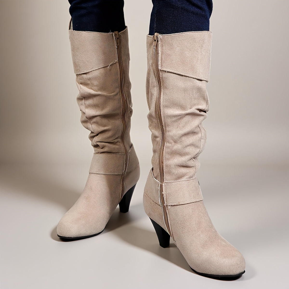 Women Beige Faux Cover Ankle Boots with Buckle Zipper 7cm Chunky Heel