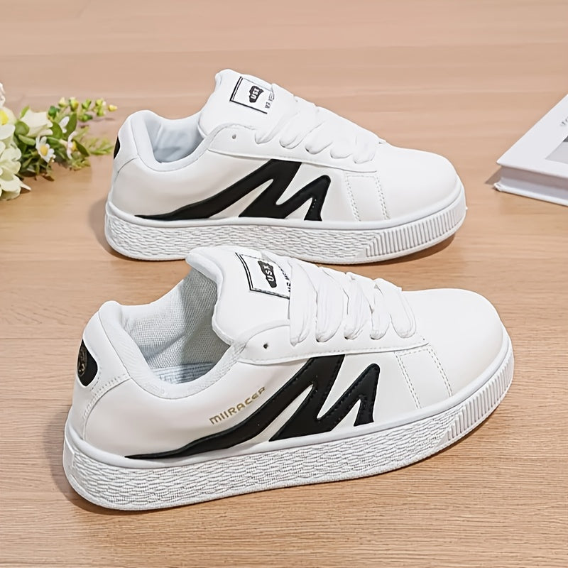 Women's Low-Top Lace-Up Sneakers Black White Synthetic Casual Shoes All-Season Comfort