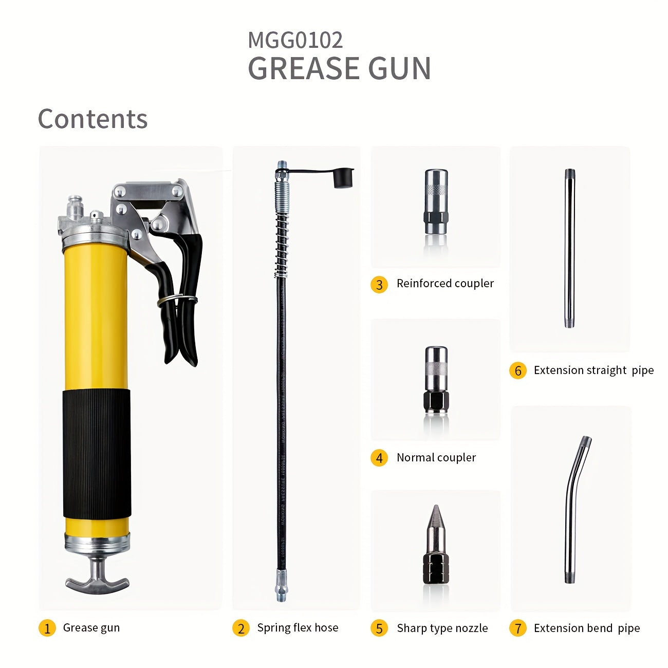 8000 PSI Pistol Grip Oil Gun Kit 14 oz yuk bilan, 45.72 sm shlang, 2 ulanish, 2 kengaytma quvurlari va 1 o'tkir nozzle bilan.
