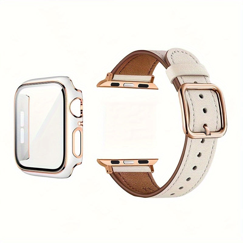 Sun Buckle Two-Color Rose Shell Protective Case for Smartwatch 2-in-1 Synthetic Leather Strap Tempered Glass Frame Compatible with iWatch Ultra Series