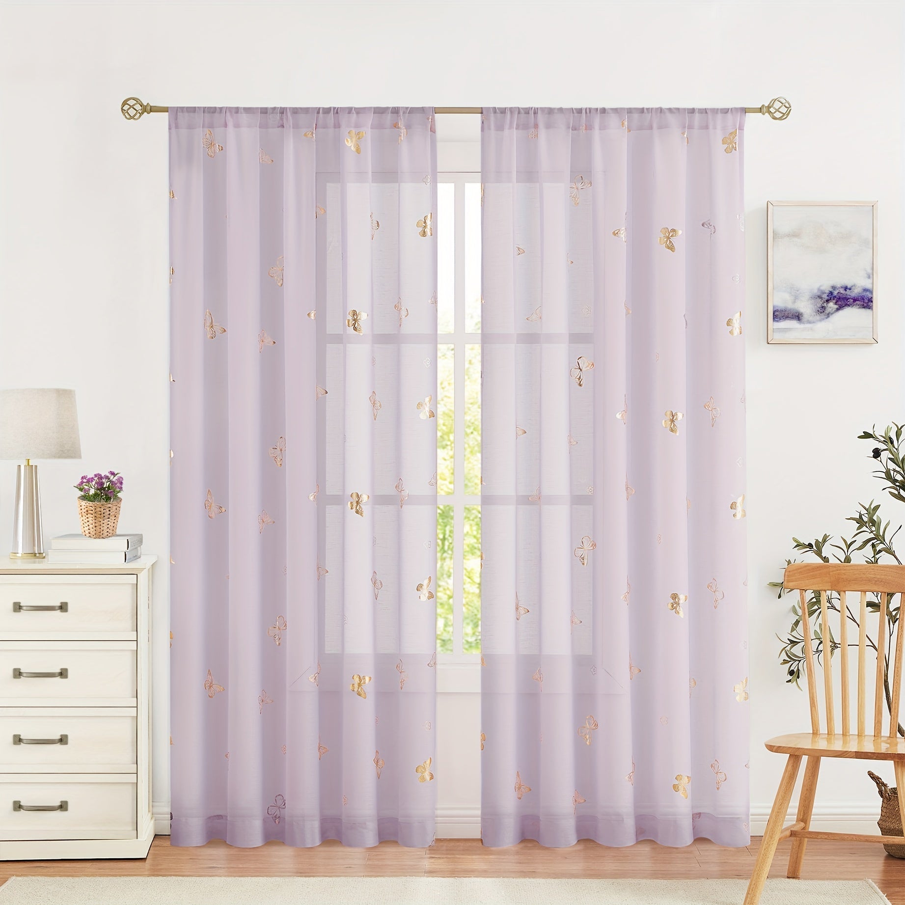 Golden Butterfly Translucent Linen Curtains for Bedroom or Living Room 63-95 Inches