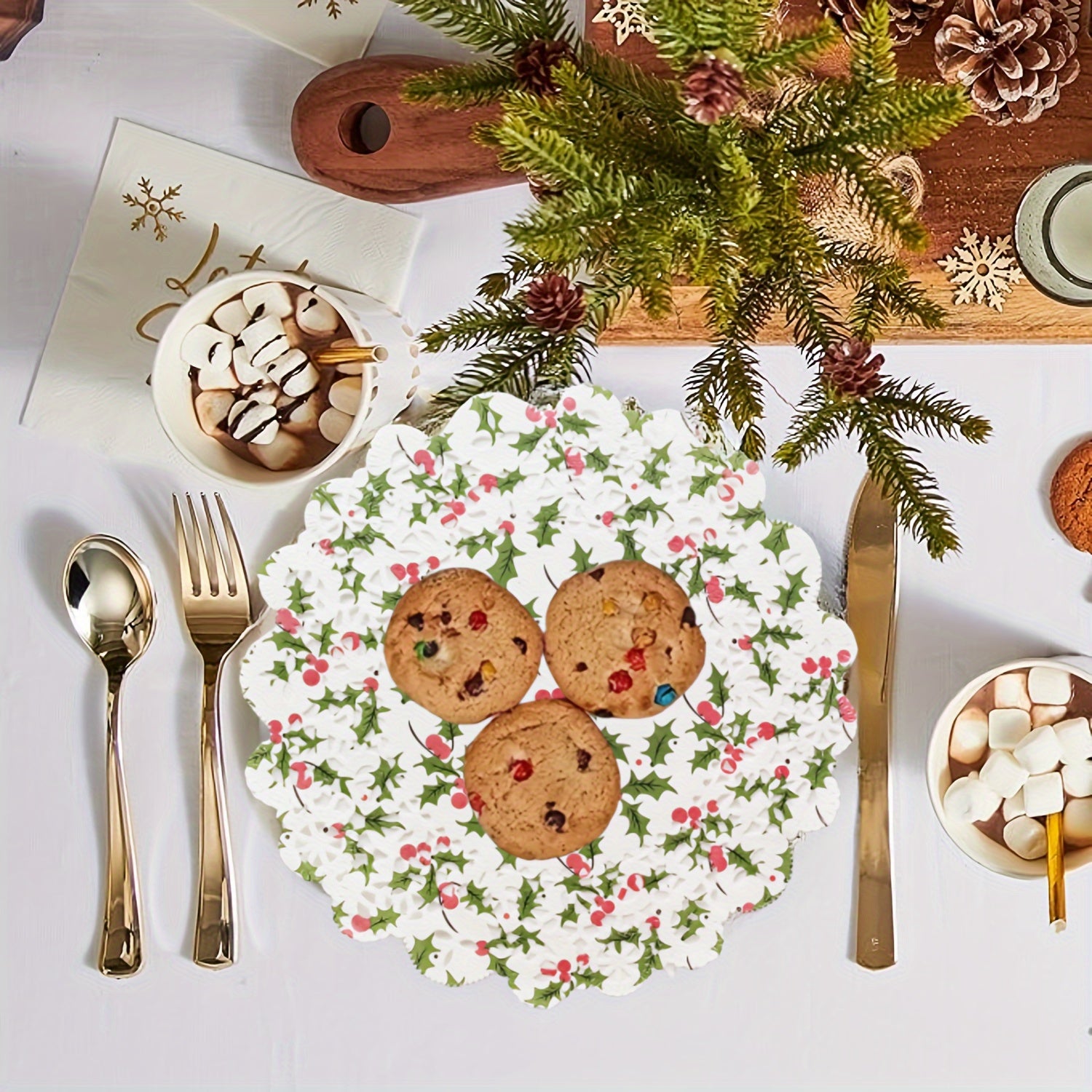 Paquete de 100 servilletas de encaje de papel navideño desechables para alimentos de calidad alimentaria para bodas, cumpleaños y pasteles