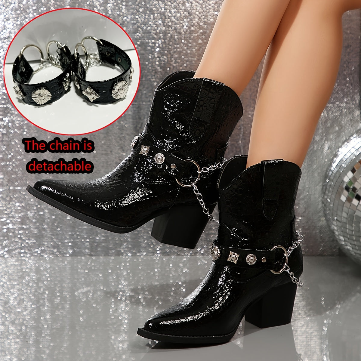 Women's Black Faux Leather Ankle Boots with Metal Buckle Chain Detail