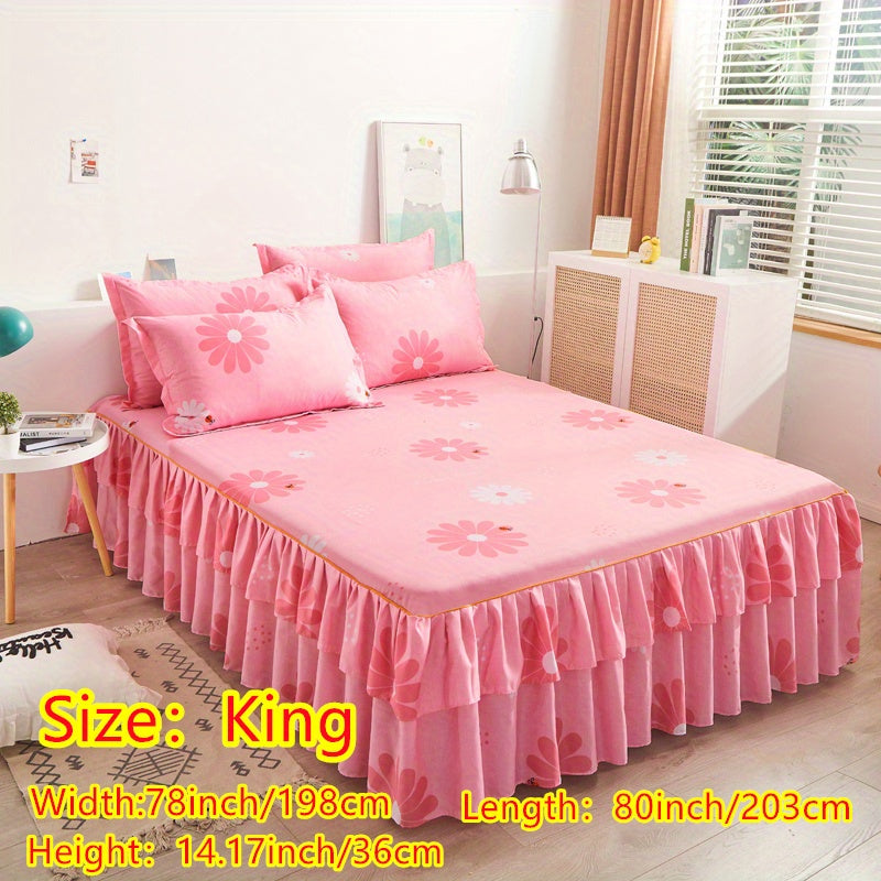 Three-Piece Macrame Bed Skirt Set with Flower Print Non-Slip Bedding for All Seasons