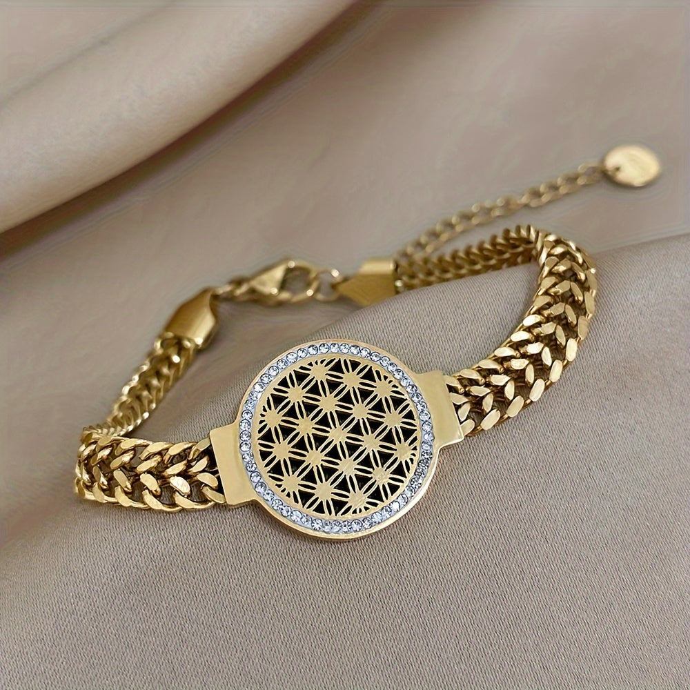 Hollow Gold-Plated Stainless Steel Bracelet with Rhinestones for Women