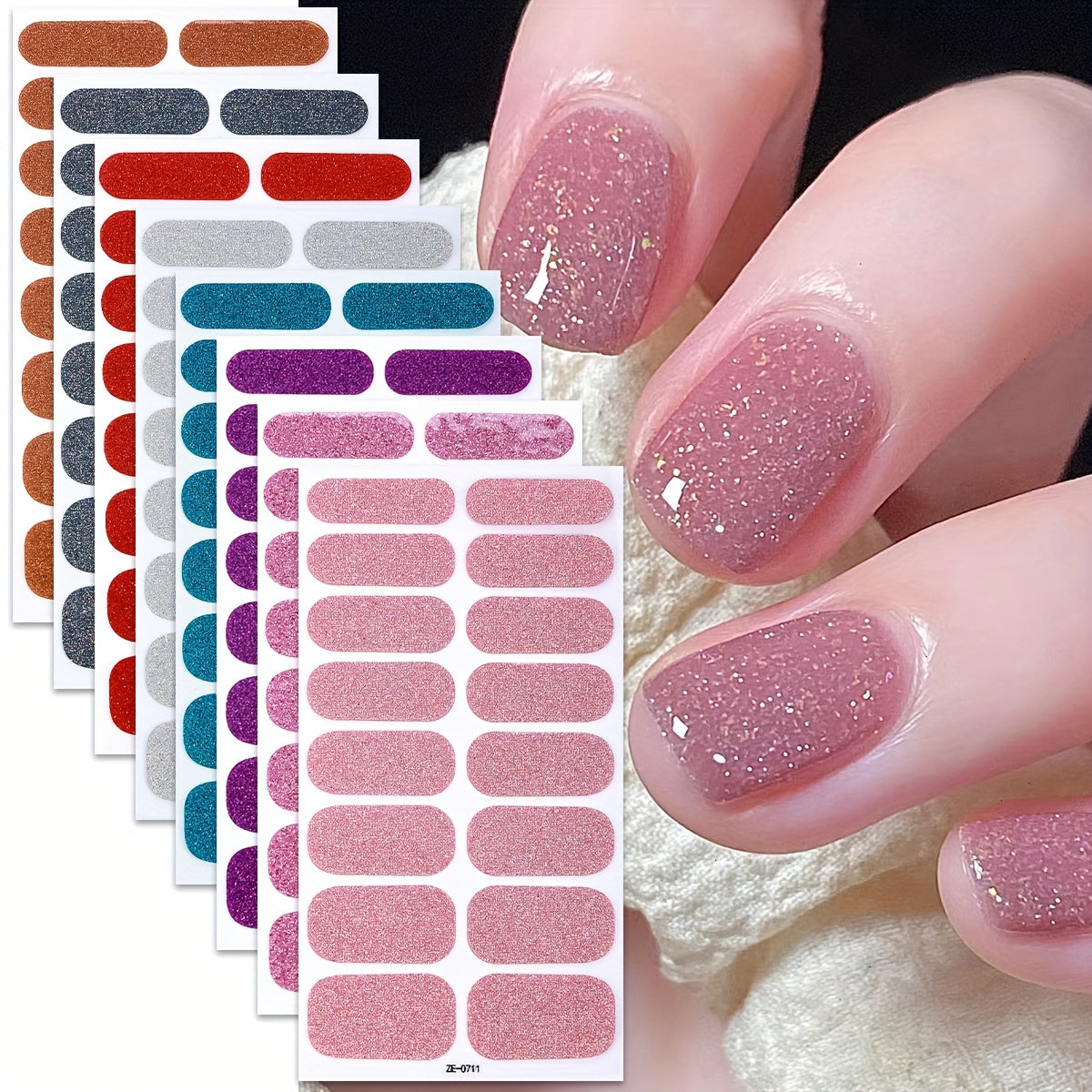 Pink Glitter Nail Wraps Set of 8 Sheets Self-Adhesive for DIY Nail Art