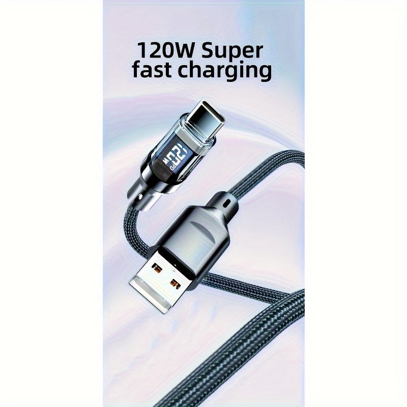 120W USB-C Fast Charging Cable with LCD Power Display Nylon Flat Matte