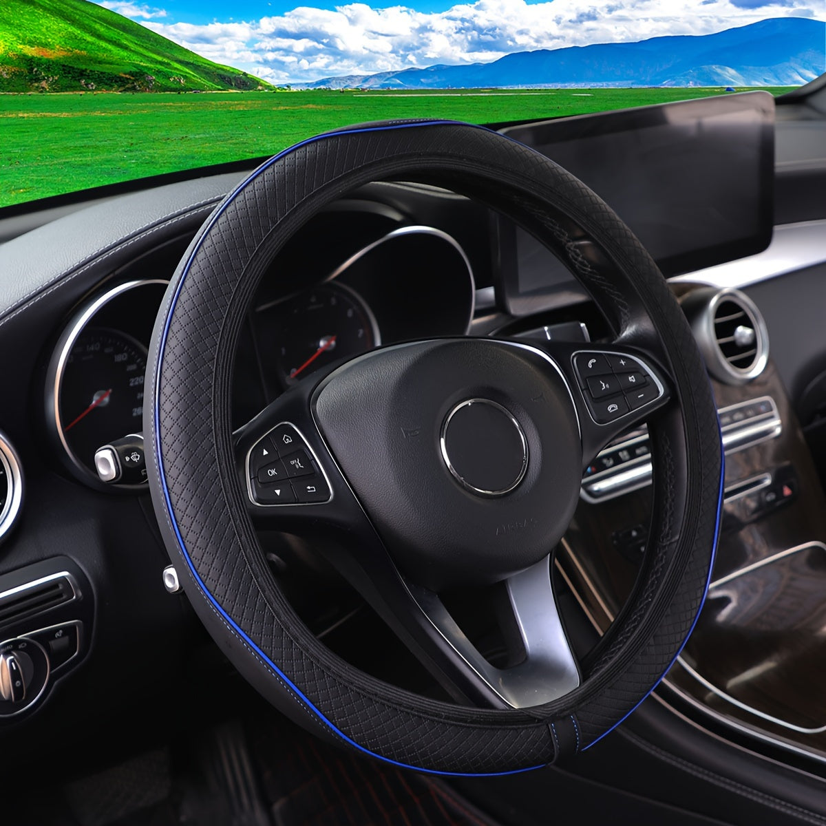 Universal Leather Steering Wheel Cover Non-Slip Black Red Stitching