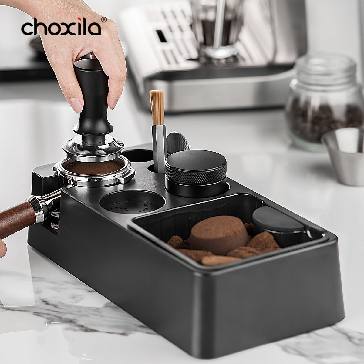 Choxila Espresso Knock Box с прочной пластиковой конструкцией - органайзер для кофе 51/54/58 мм темпер, портафильтр и шайба с сеткой аксессуары - стильный черный дизайн с оранжевыми акцентами