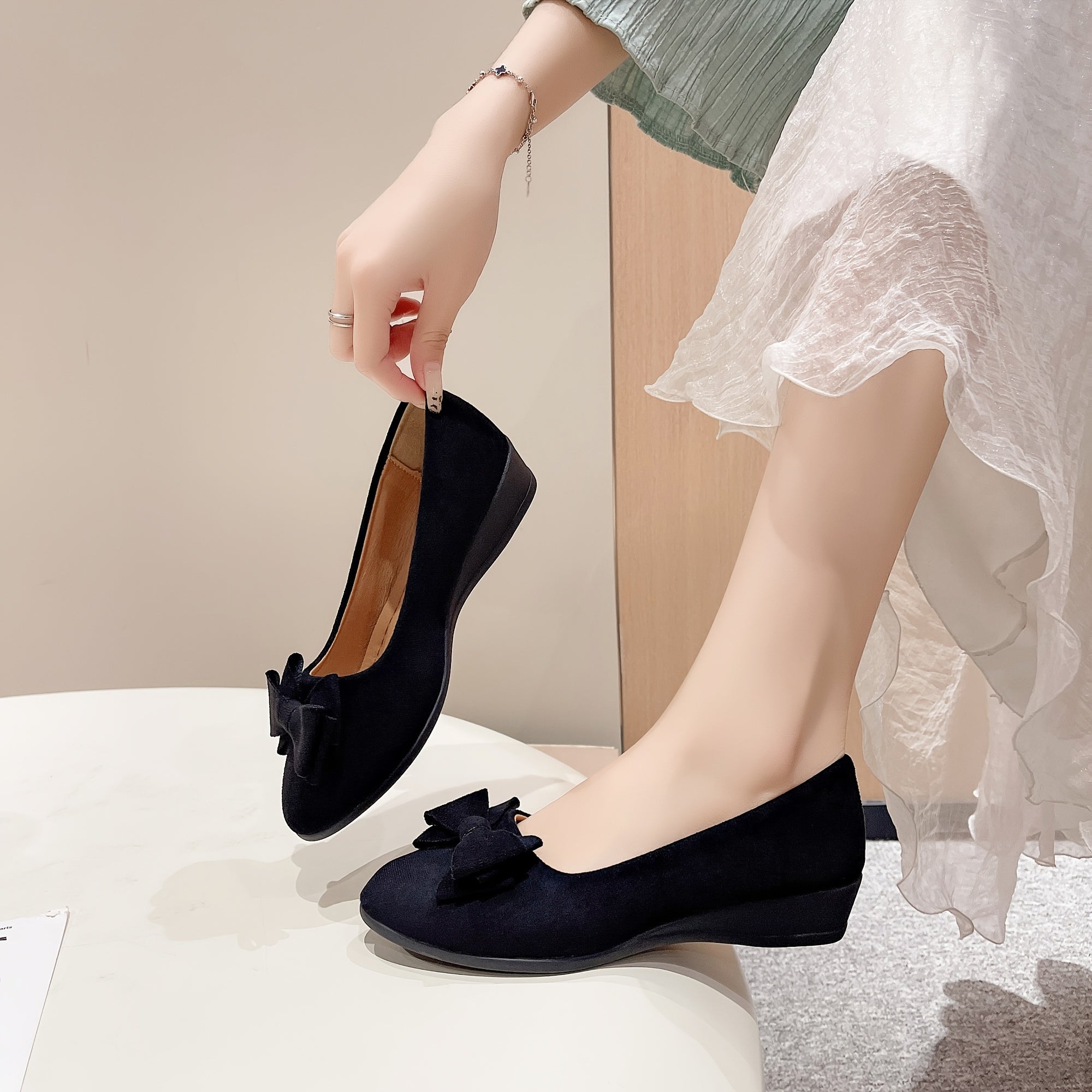 Women's Solid Color Handmade Bow Wedge Pumps Comfortable Round Toe Casual Shoes