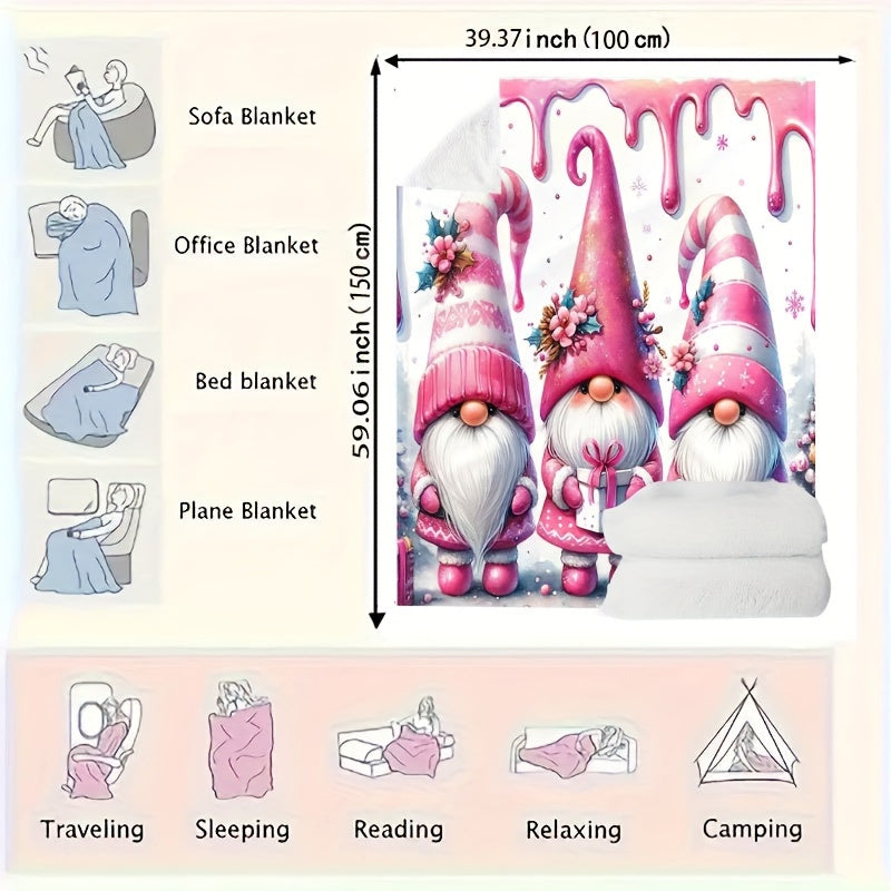 Warm Flannel Throw Blanket with Christmas Gnome and Bell Print for Couch Bed Camping