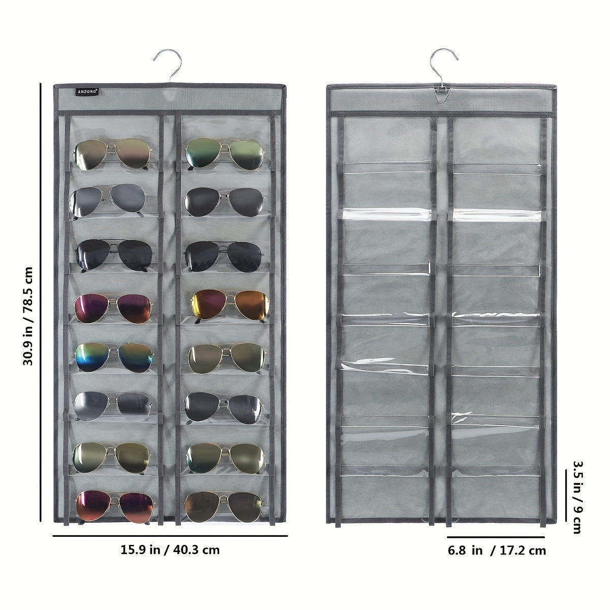 Dual Sided Hanging Sunglasses Organizer with 32 Dustproof Pockets for Home Storage