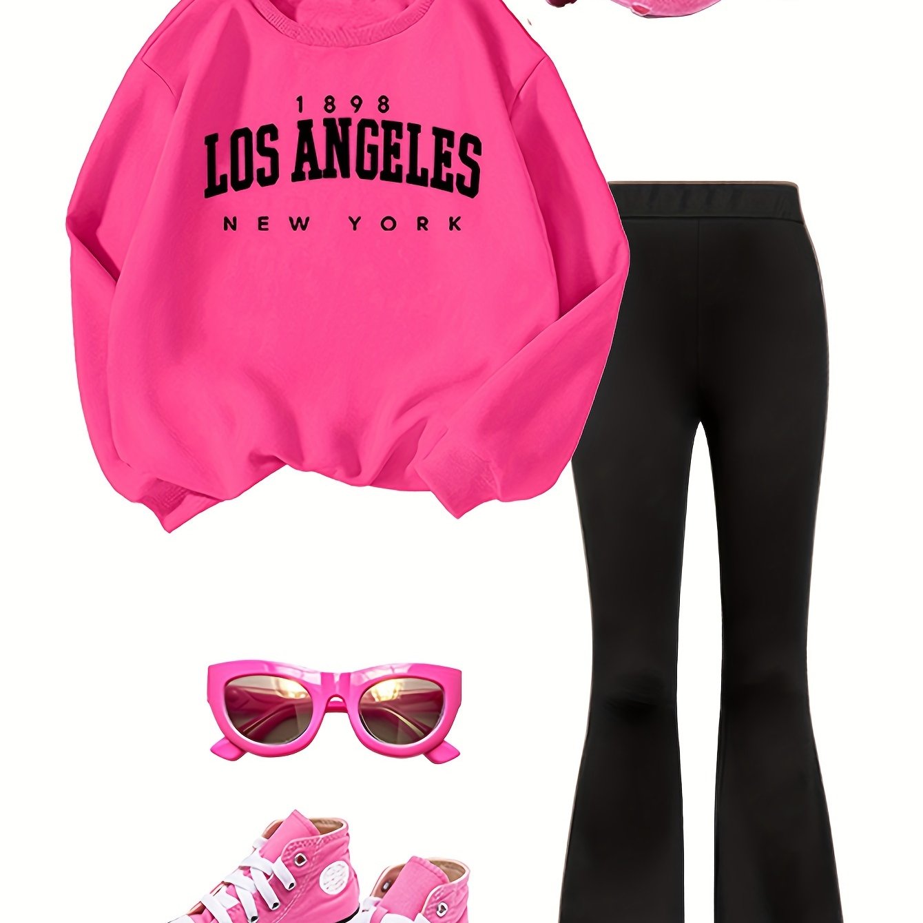 Conjunto de sudadera de manga larga y pantalones acampanados de otoño para niñas con patrón de letras, punto de poliéster, ropa casual para exteriores para niñas mayores de 3 años