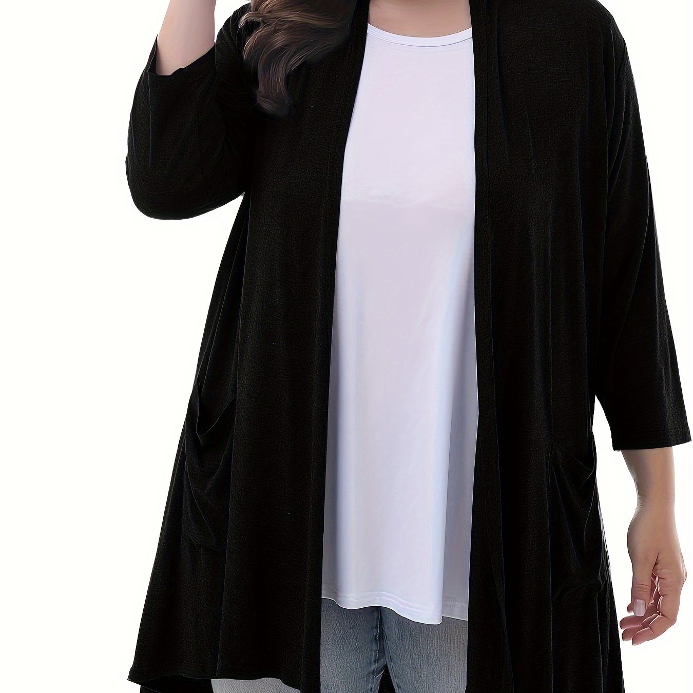 Plus Size Women's Open Front Cardigans Long Sleeve Solid Color Spring Fall