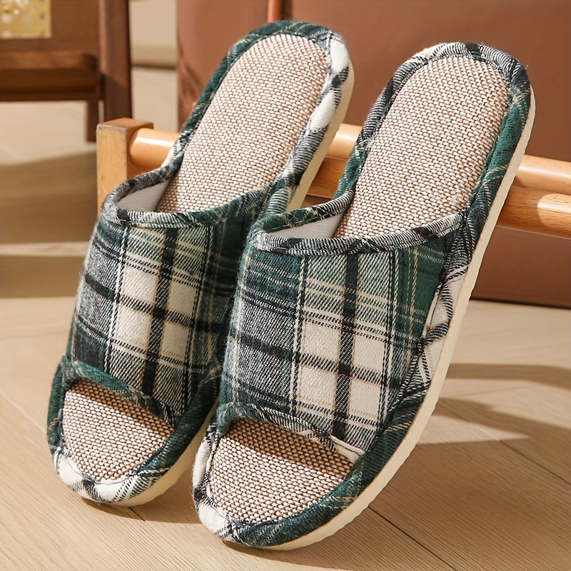 Linen Plaid Slip-On Slippers for Home and Travel Non-Slip Lightweight Casual