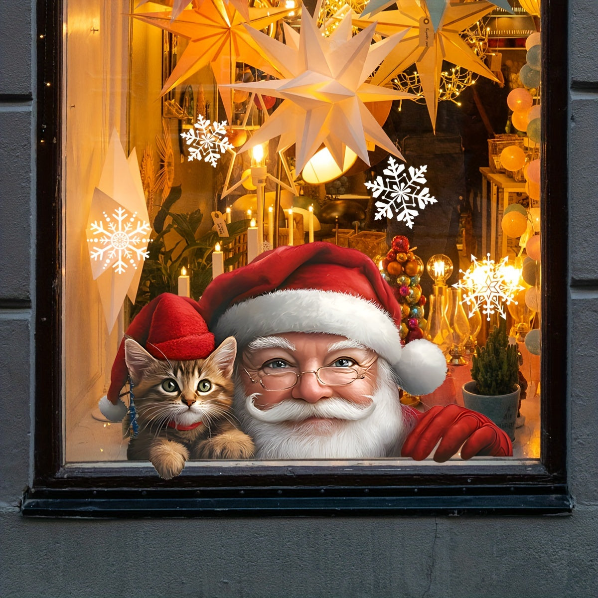 Double-Sided Christmas Santa and Kitten Window Cling Reusable PVC Decal