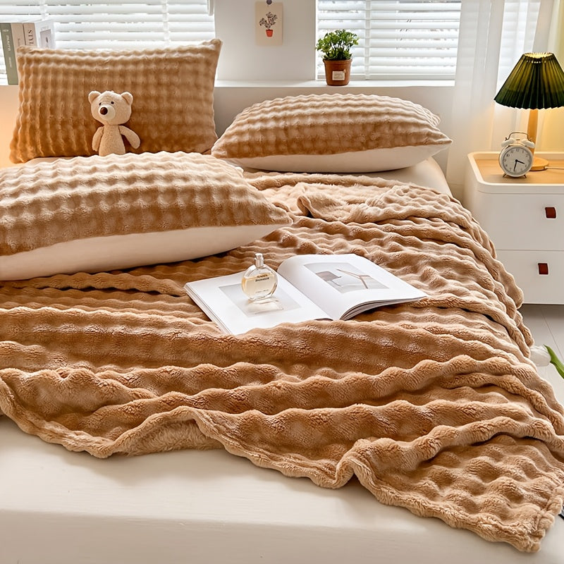 Soft Bubble Fleece Blanket Cozy Warm Plush Throw for Sofa Bed Camping 250gsm