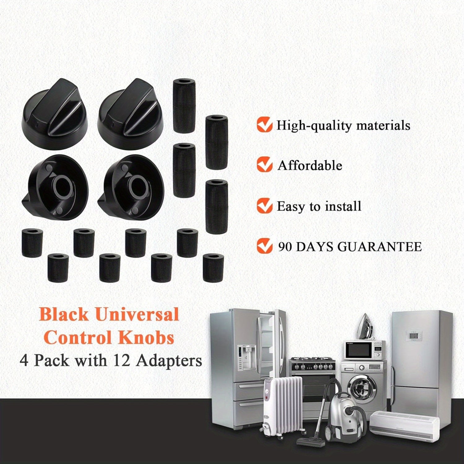 Набор из четырех универсальных черных регуляторов для обновлений 2024 года, совместим с различными плитами, варочными панелями и духовками, подходит для автодомов, кемперов и туристического снаряжения.