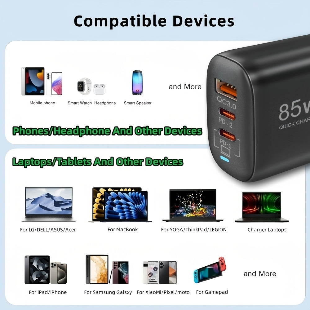 85W GaN tez zaryadlovchi PPS PD QC3.0 USB Type-C EU plagin bilan telefonlar va noutbuklar uchun