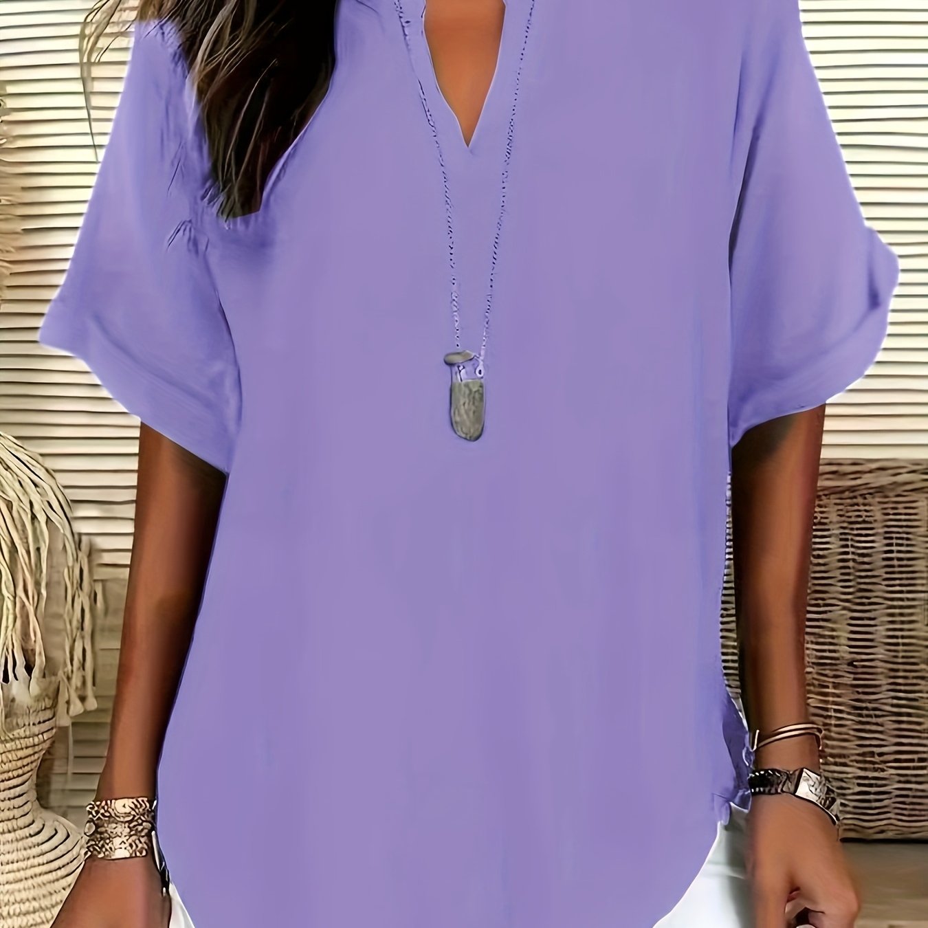 Plus Size Women's Short Sleeve Blouse Casual V-Neck Flared Hem All-Season Shirt