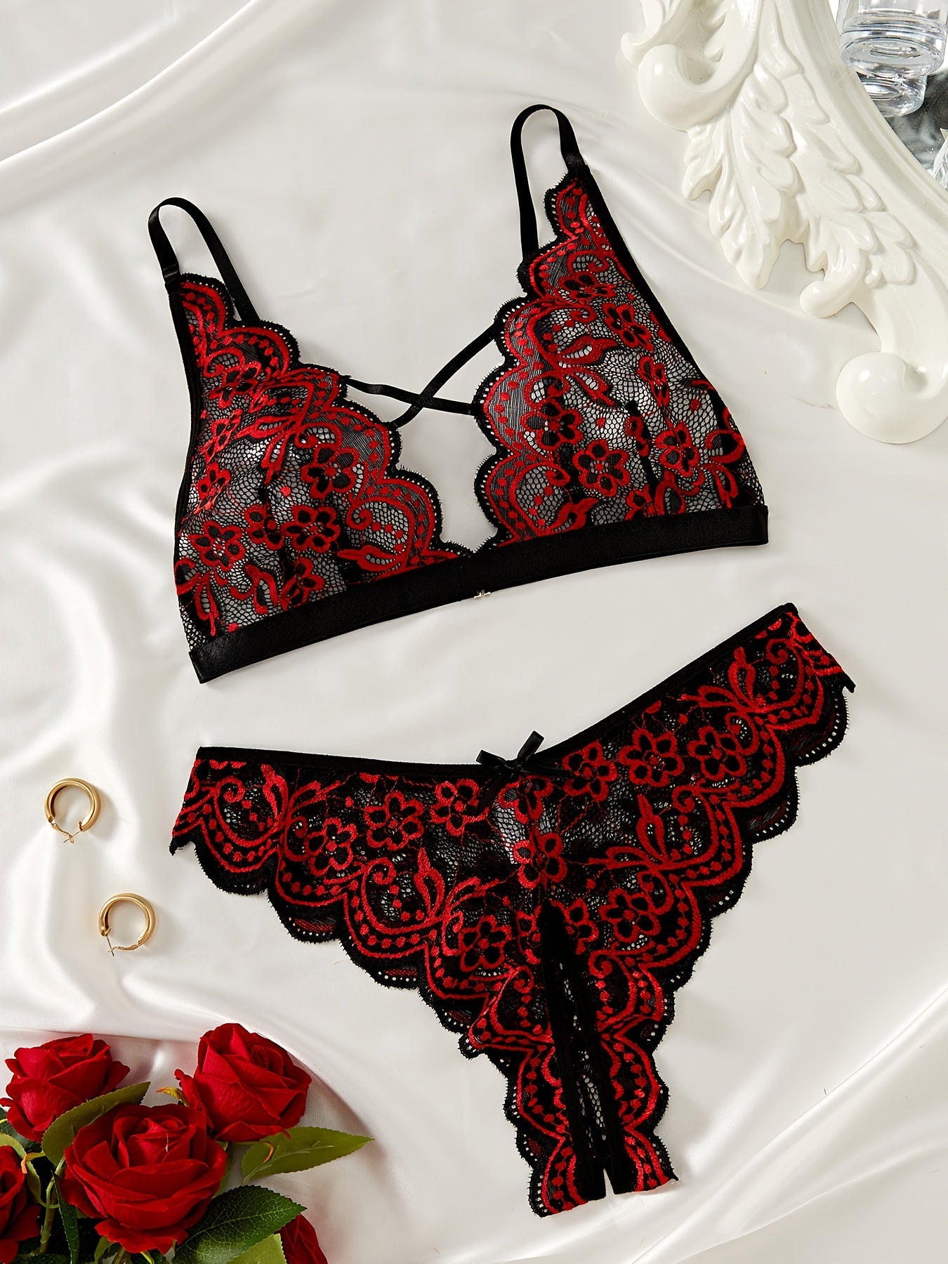 Lace Embroidered Floral Lingerie Set for Women