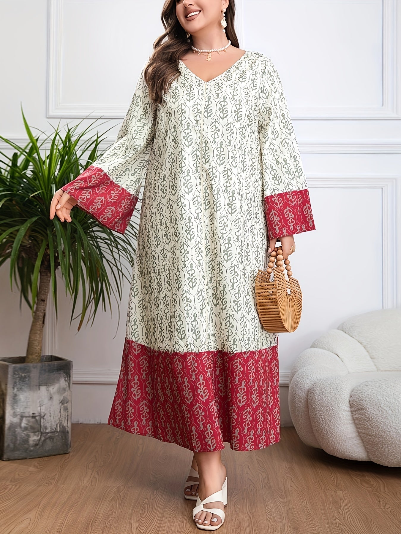 Plus Size Floral Colorblock Kaftan Dress V Neck Long Sleeve Womens Clothing