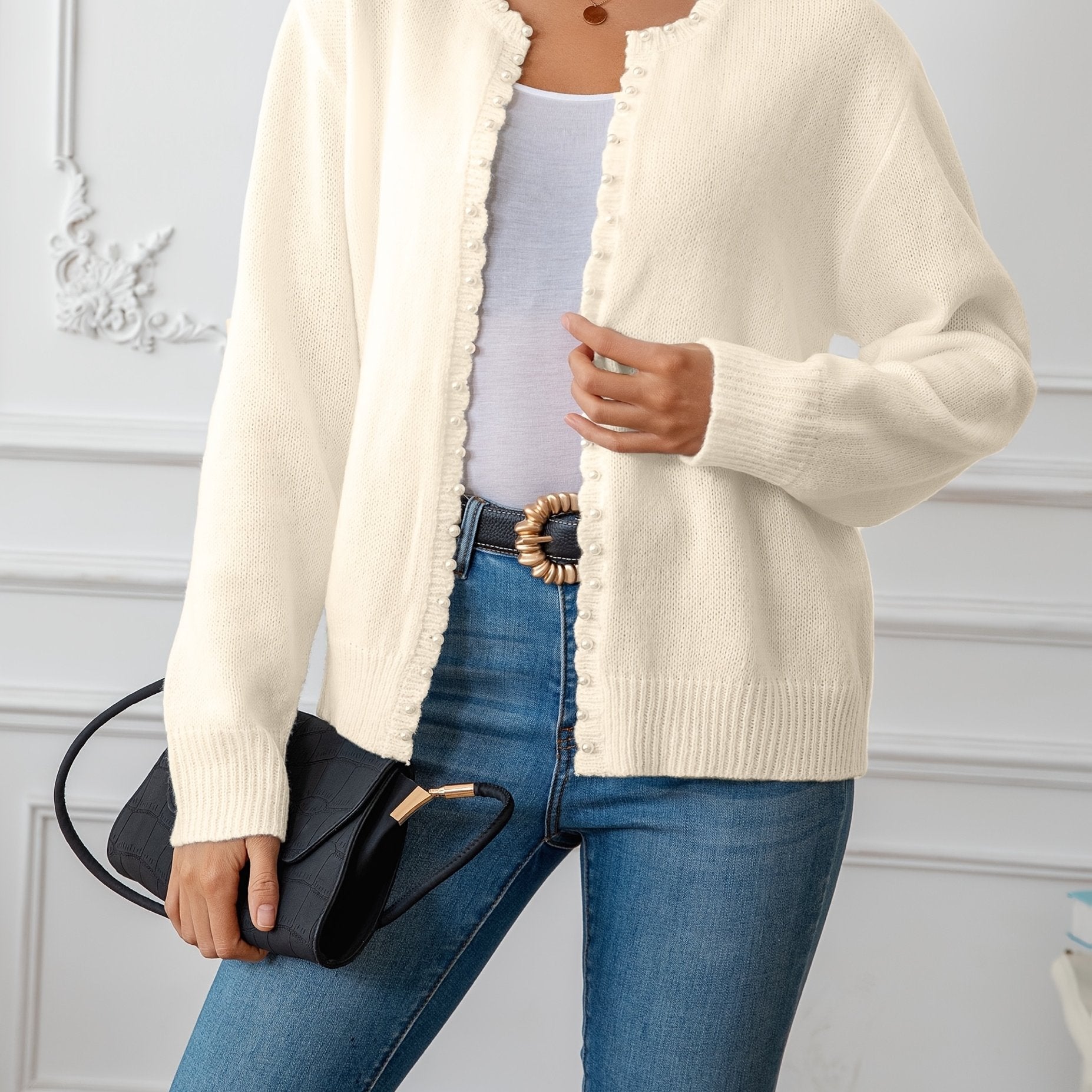Women's Oversized Cozy Knit Cardigan with White Trim Navy Blue Winter Layering