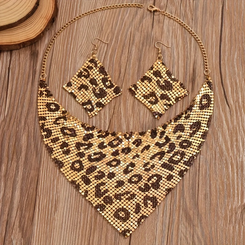 Retro Triangle Scarf with Sequins and False Collar Leopard Print Statement Necklace and Earrings for Women