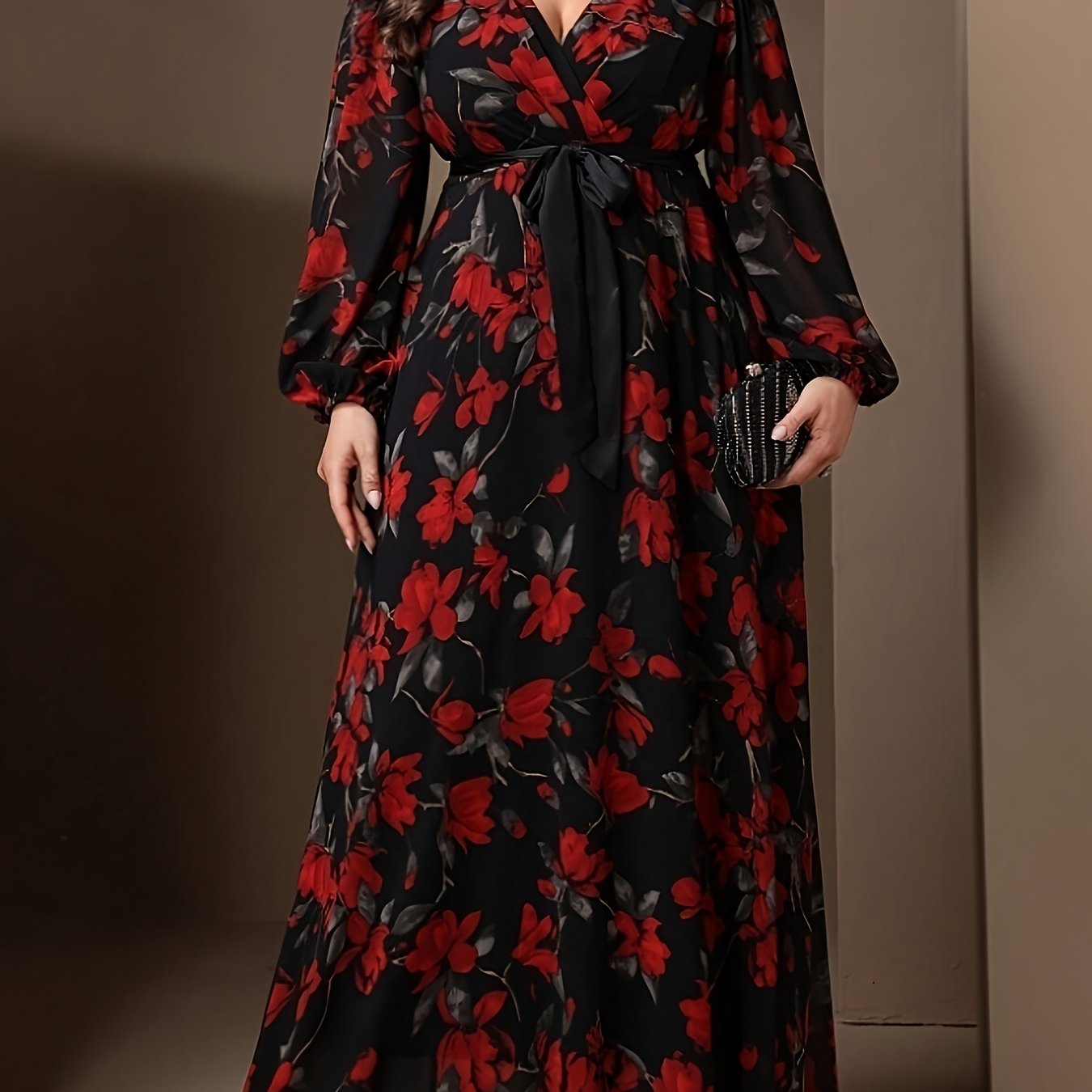 Floral Print V-Neck Maxi Dress with Tie Waist for Spring Fall