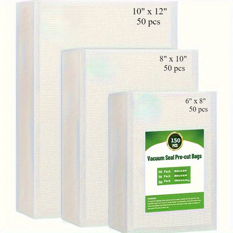 Uch xil o'lchamdagi, jami 150 ta vakuum paketlari: 15.24cm x 20.32cm, 20.32cm x 25.4cm va 25.4cm x 30.48cm.