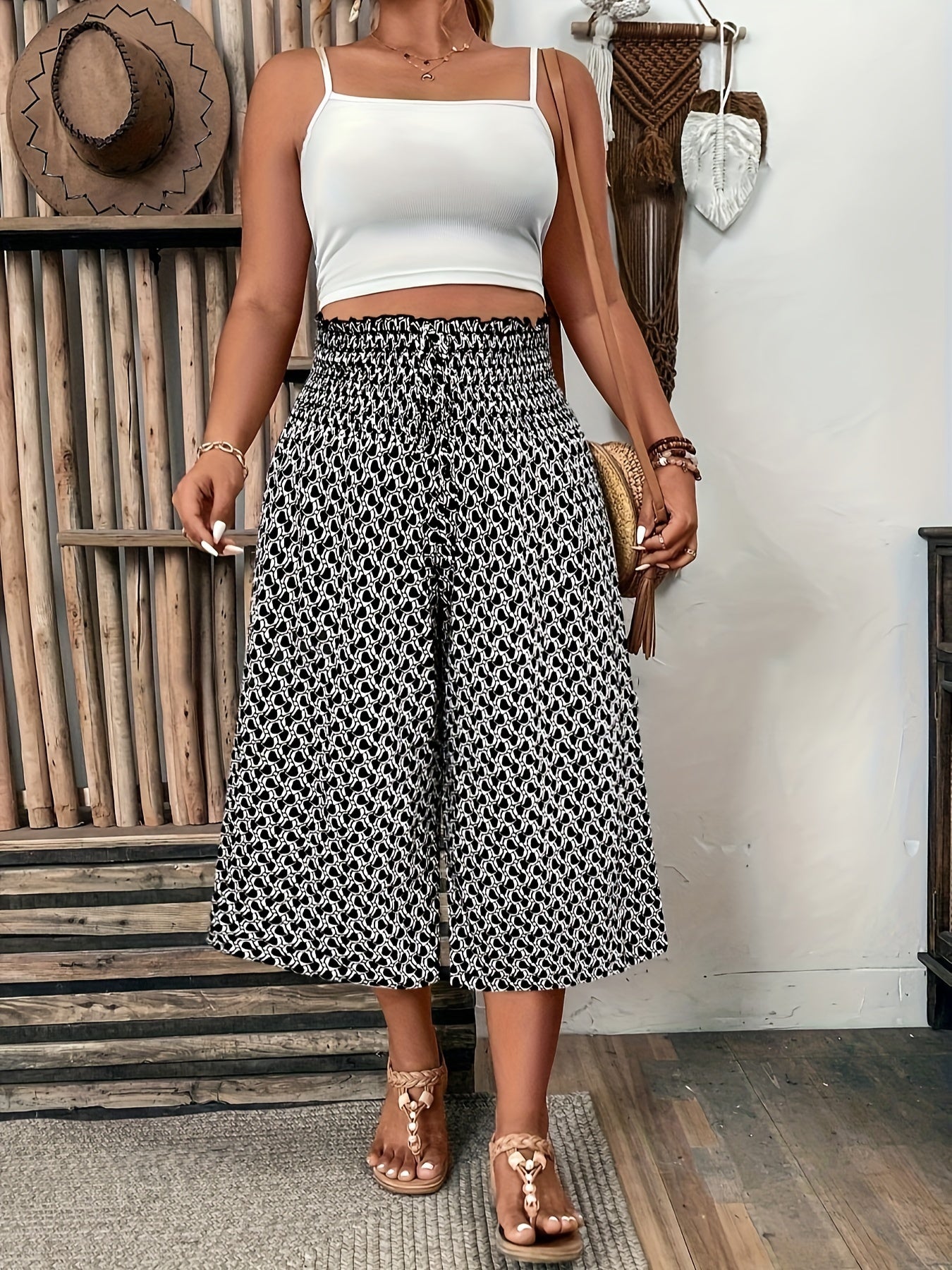 Women's Plus Size Mid-Length Smocked Print Pants with All-Season Comfort