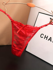 Black Lace Thong Panties with Adjustable Straps and Rose Gold Details for Women