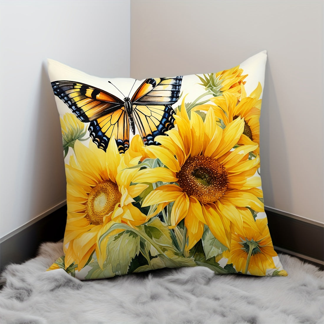 Sunflower Butterfly Design Throw Pillow Cover 45x45cm Peach Skin Velvet Decorative Sofa Bed Bedroom