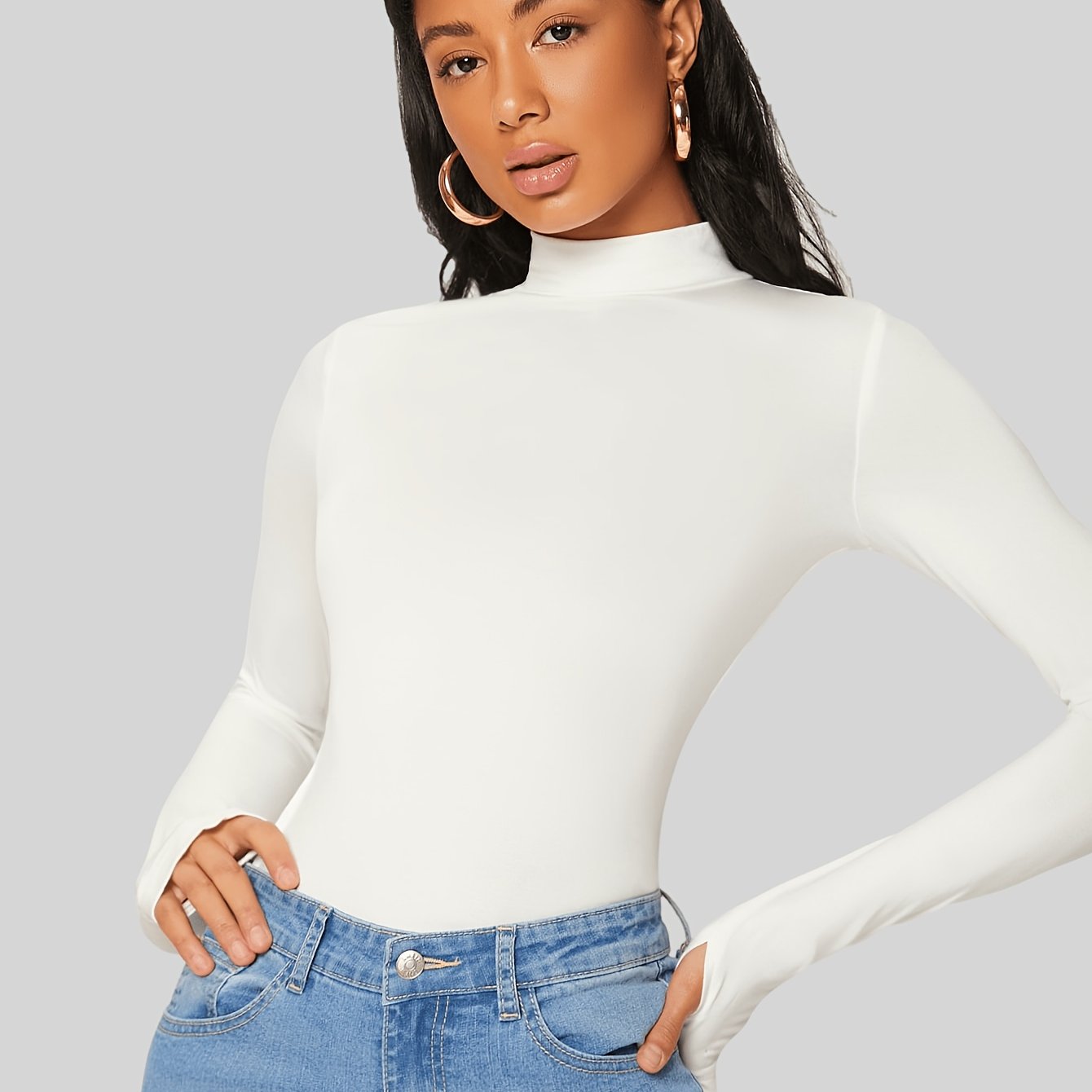 Women's Solid Knit Mock Neck T-Shirt Long Sleeve Casual Spring Fall