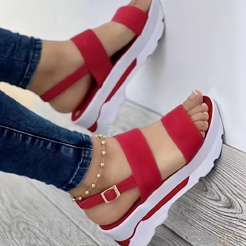 Women's Red Open Toe Wedge Sandals with Adjustable Ankle Strap