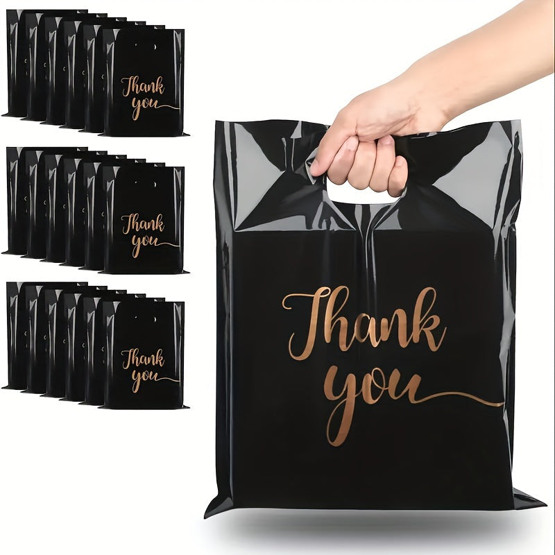 100-Pack Black Water-Resistant PE Thank You Bags with Die Cut Handles for Retail and Gifts